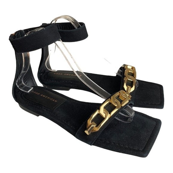 NWOB Good American Chain Ankle Wrap Sandal Suede Black Size 7 Zipper Back - Picture 1 of 10